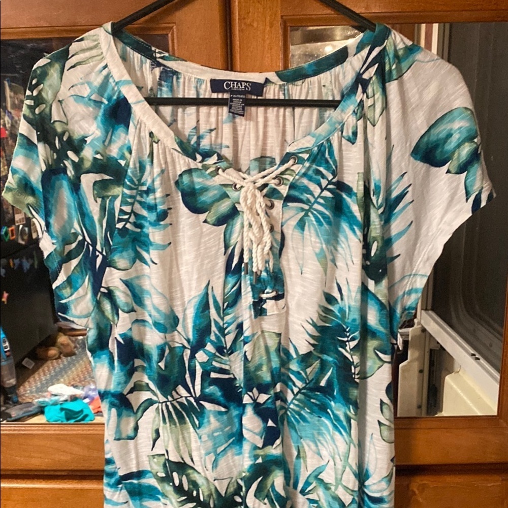 Chaps Blue, White and Green Tie Front Blouse with Relaxed Fit Summer Whimsical